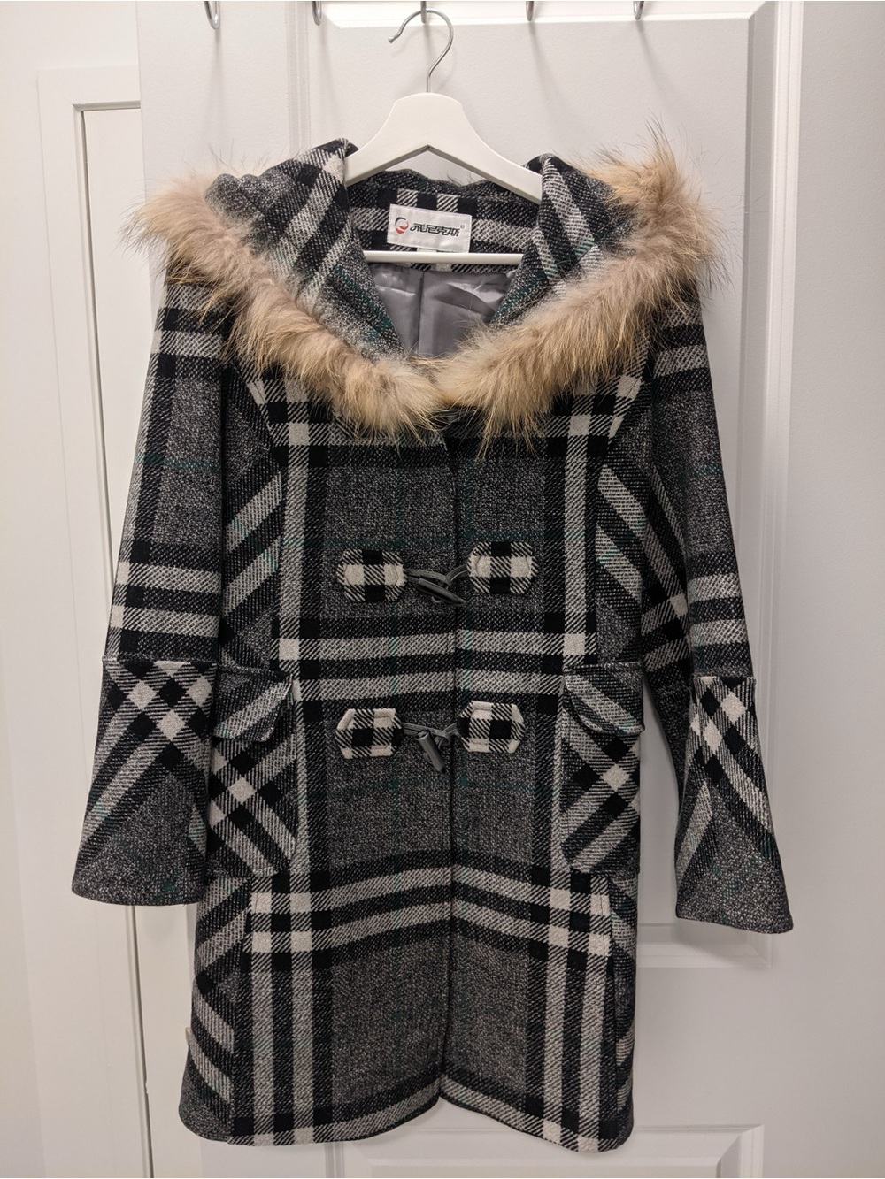 Plaid Hooded Wool Blend Toggle Duffle Coat Faux Fur Trim